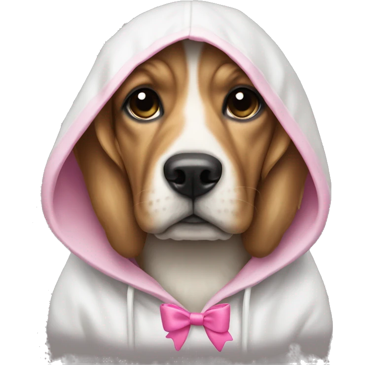 dog wearing a white hoodie with a pink bow on it emoji