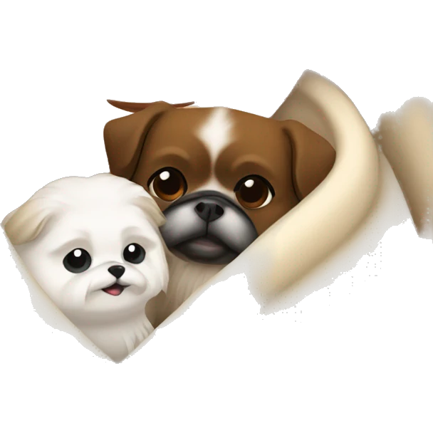 A Women with brown hair is cradling her white Pekingese in a beige blanket emoji