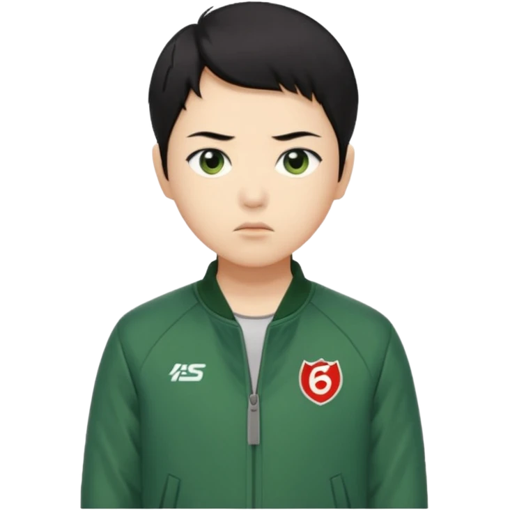 Create a realistic portrait of Kang Sae-byeok (Player 067) with short black hair, green jacket & serious look. emoji