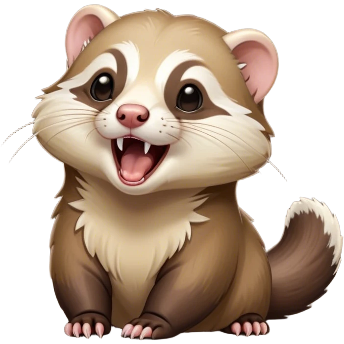 Cinematic Cute Yawning sable ferret Portrait Emoji, Head tilted slightly with an exaggerated, wide-open yawn, showcasing a long, flexible body with a plush fur in soft brown and cream, droopy, drowsy eyes, and a relaxed expression, Simplified yet irresistibly endearing features, highly detailed, glowing with a soft, cozy natural glow, high shine, relaxed yet expressive, stylized with a dash of whimsical charm, soft glowing outline, capturing the essence of a sleepy yet affectionate sable ferret that seems ready to curl up for a nap! emoji