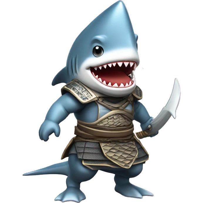 A fully chromed figurine of a shark in a samurai outfit. emoji