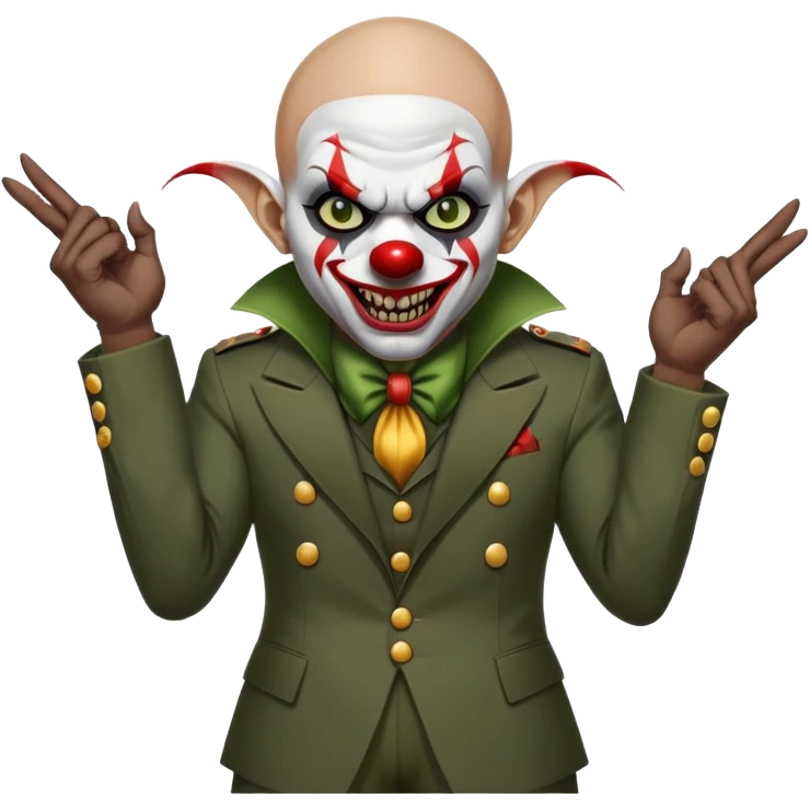 evil clown, bald, short horns from forehead, fangs, pointed ears, black and military green leisure suit, battle-ready fighting posture emoji