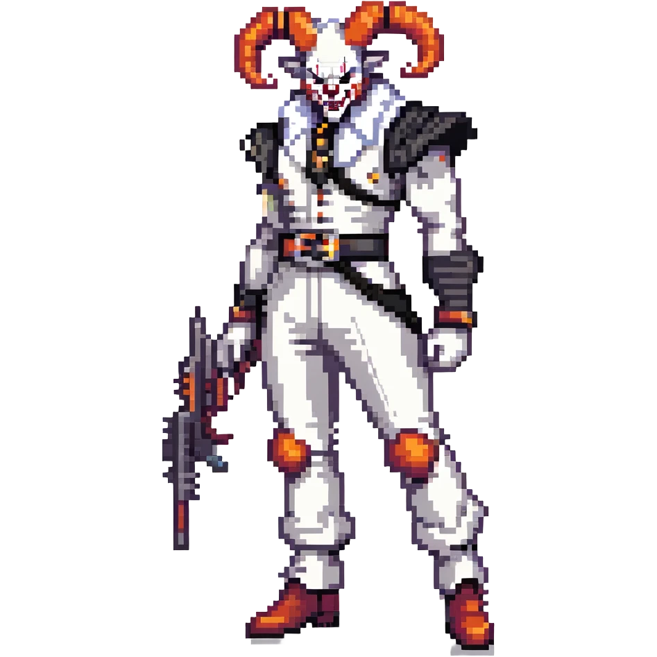 full-body muscular demonic clown, battle-ready, black and white leisure suit with bellbottom pants, bald, black ram horns, flashy black and white belt, ruffled white shirt, no neck tie, large fangs, holding very large futuristic rifle emoji