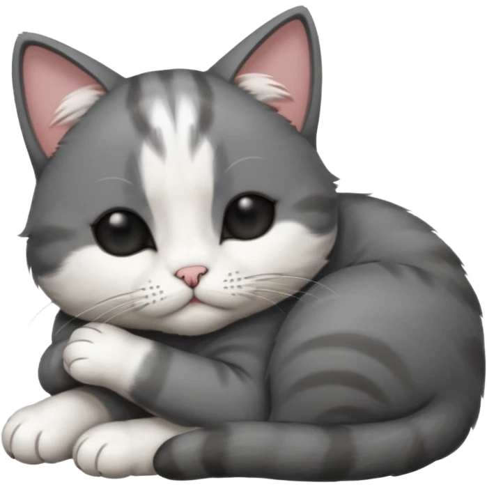 dark grey and white small cat with his eyes closed, leaning his head on his paw while leaning on his elbow lying down emoji