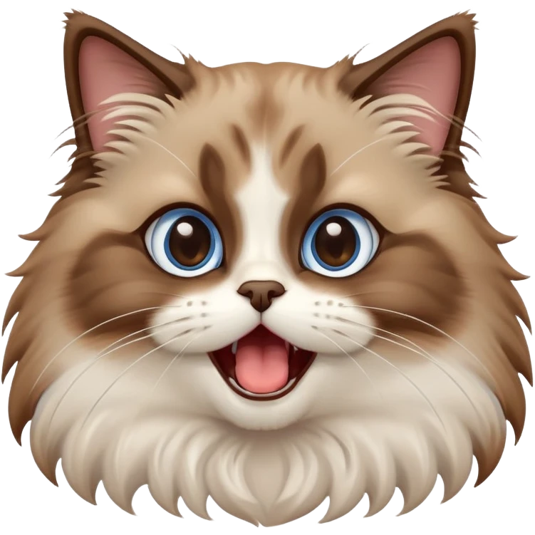 cinematic-adorable-big-eyed-fluffy-brown ragdoll-cat-portrait-emoji,-head-tilted-playfully-with-a-cute,-yawn,-white and brwon fur,-simplified-yet-irresistibly-cute-features, blue eyes emoji