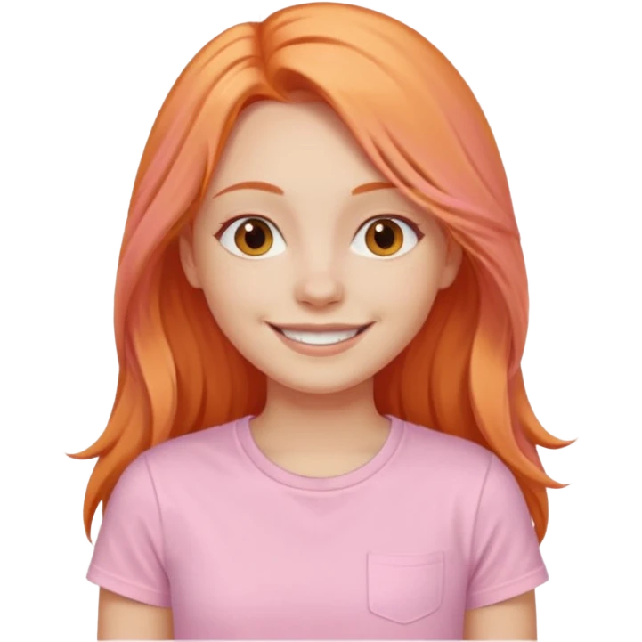 The girl with long orange hair is very happy. Make the girl similar with the reference picture. Change her sweat. Make it pastel pink t-shirt. emoji