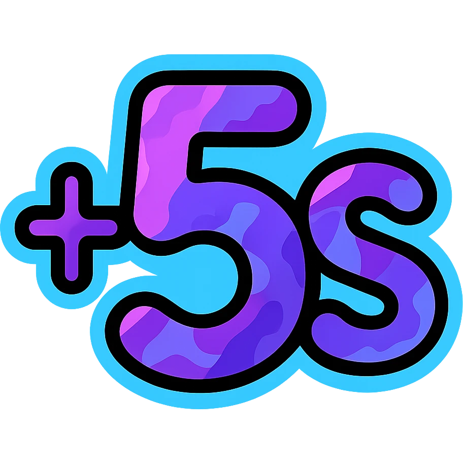 '+5s' symbol with cosmic liquid metal effect in purple and blue tones, 's' subscript, electric blue neon glow border emoji