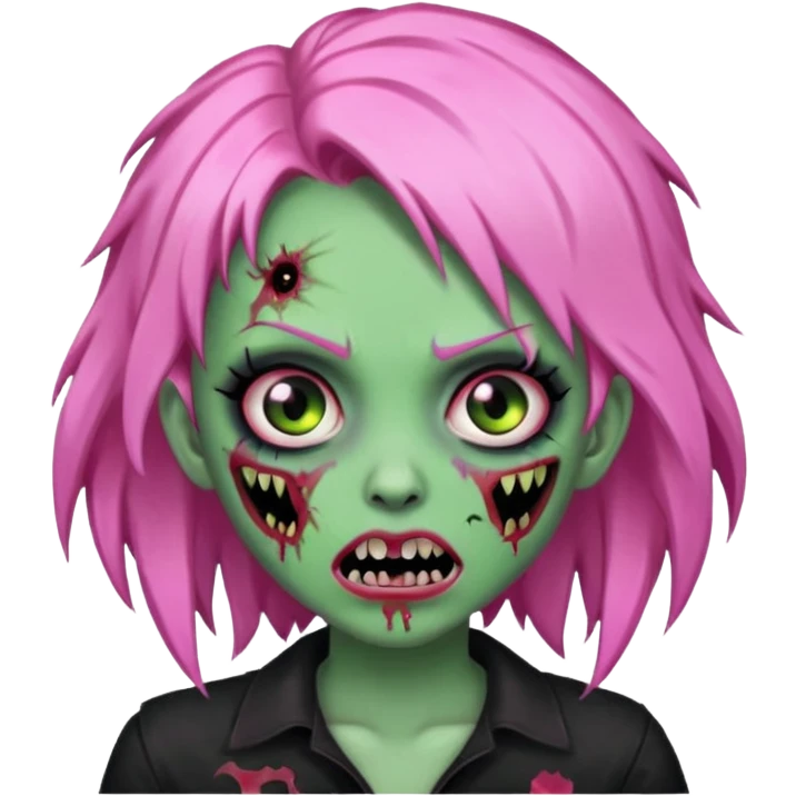 zombie girl with pink, black and green hair with fangs emoji