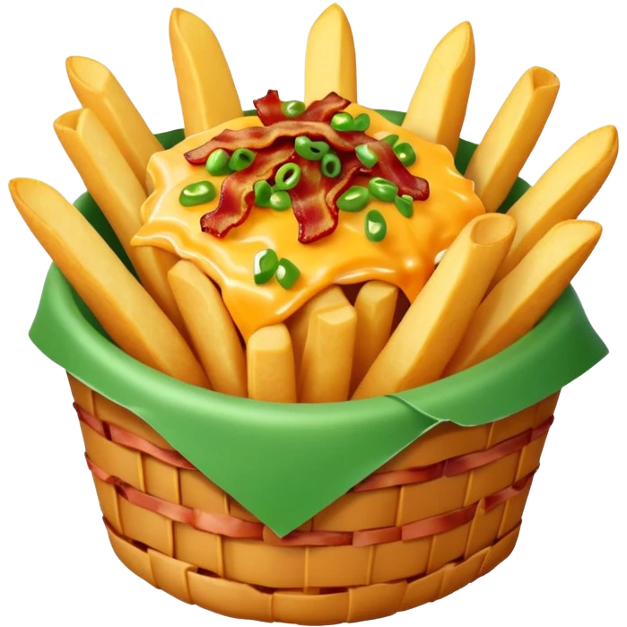Food basket of fries, topped with melted cheese, bacon, and green onion emoji