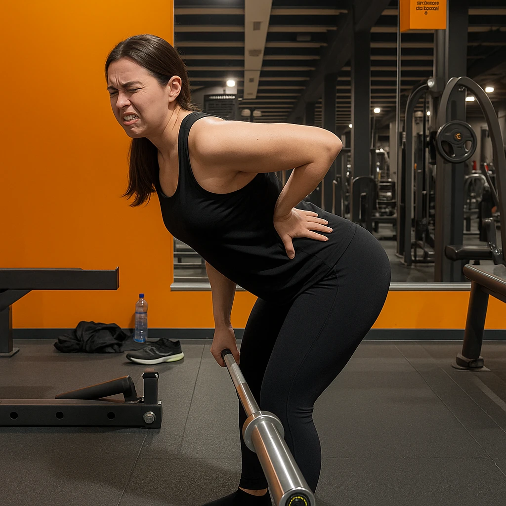 Edit the image of a less muscular woman performing a Romanian Deadlift (RDL) in a gym, side pose, wearing black sportswear, holding a barbell, with a back pain expression, one hand on the lower back, hyperrealistic 4K details, realistic gym environment. Variant 4: slightly change the inclination of the torso. emoji