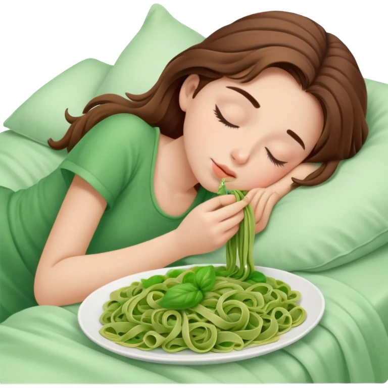 Brown haired girl eating green pasta asleep in bed emoji