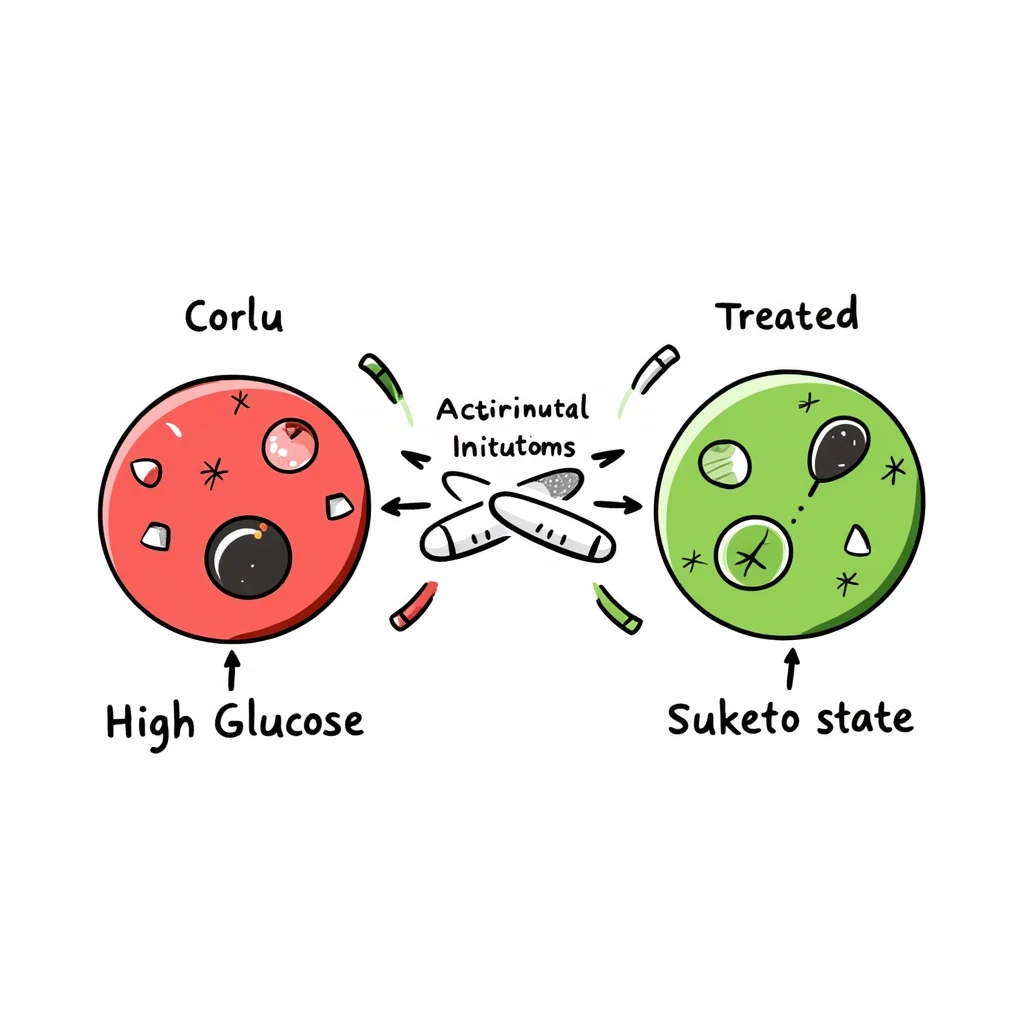 Anti-diabetic treatment visualization: hand-drawn diagram comparing high glucose state (red side) versus treated state (green side) with medication symbols, insulin receptors, and cellular glucose uptake. Colorful educational illustration with before/after comparison and labeled components. emoji