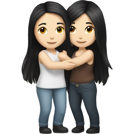 A lesbian couple that both have white skin and long black hair hugging intimately, and romantically. emoji