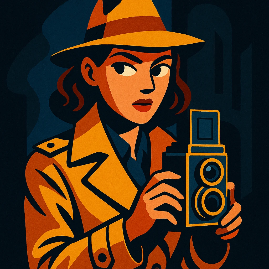 1930s private detective woman wearing trench coat and fedora hat, holding vintage camera, film noir atmosphere, expressive illustrative style emoji