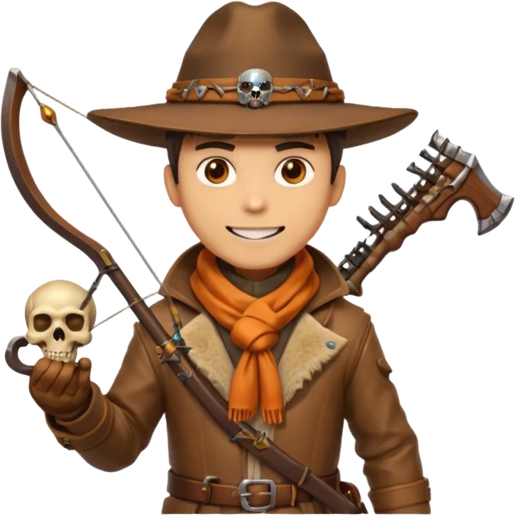 male human monster hunter emoji, wearing brown leather coat and wide hat, holding crossbow, with amulet shaped like skull, Halloween fantasy theme, confident smile, orange scarf, Apple emoji style, clean white background, square image emoji