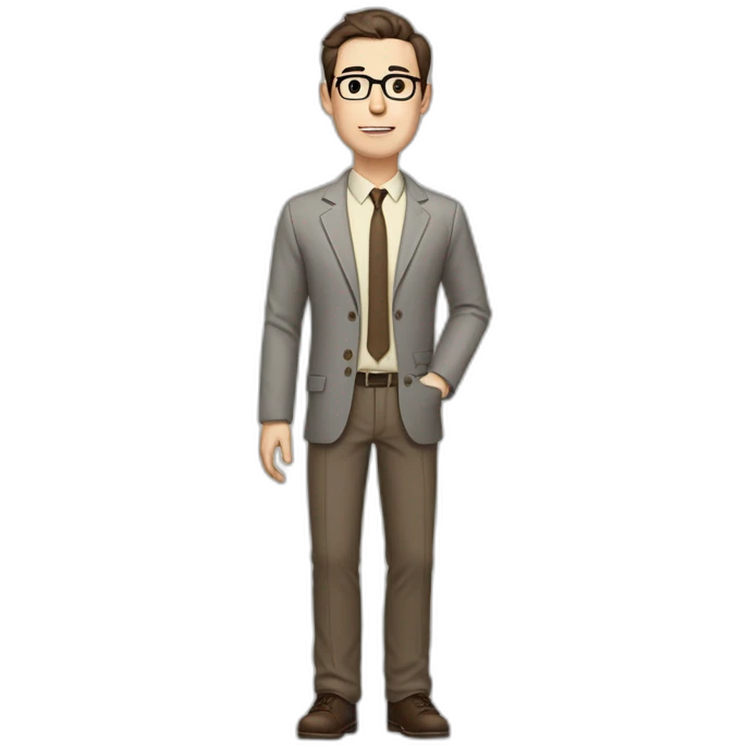Full height Gesticulating Pale skinned fit man with dark brown hair in gray jacket, beige office shirt, brown tie, brown pants and vintage glasses. emoji
