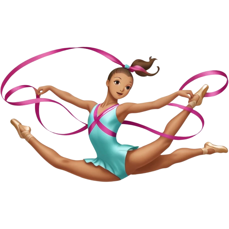 A graceful rhythmic gymnast performing with a flowing ribbon, executing an elegant leap mid-air. The pose exudes flexibility, balance, and artistry. The background suggests a competition arena with soft lighting, emphasizing movement, precision, and the beauty of the sport. emoji