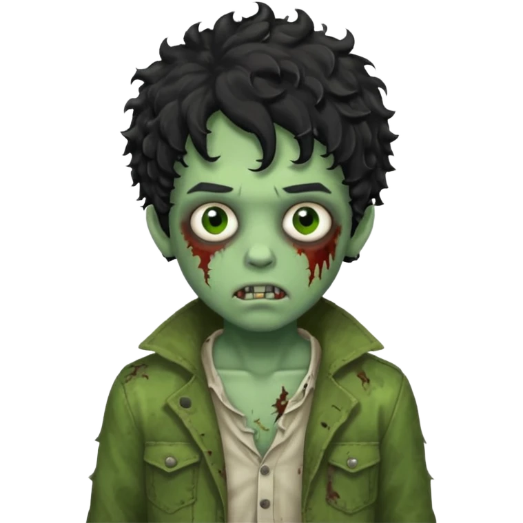boy zombie with black curly hair, classic green skin, tattered clothes emoji