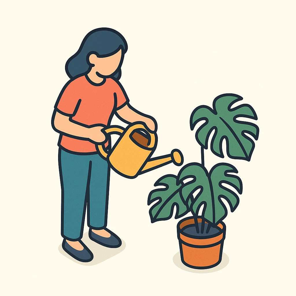 woman watering her monstera plant emoji