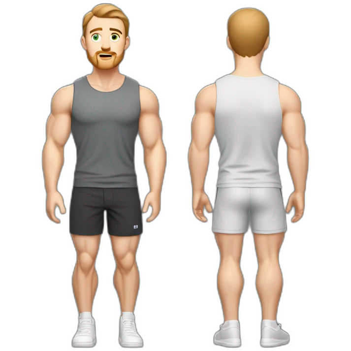 Full height Pale skinned muscular man With Realistic eyes and mouth, light brown hair and stubble In dark gray sleeveless mike, black oversize sports shorts, watch and white sneakers. emoji