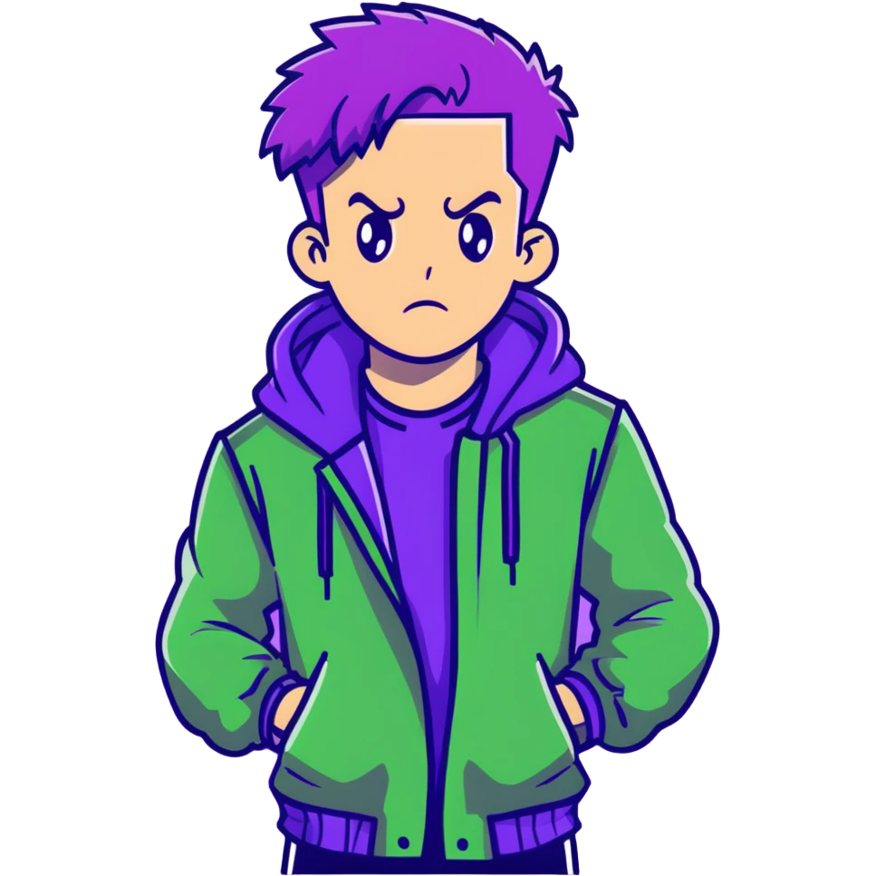 Man with stylish green jacket and purple hair, strong pose, bold expression, modern clothing style emoji