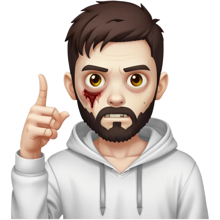 zombie pointing finger, undercut hairstyle with dark brown hair, short full beard, wearing plain white hoodie emoji