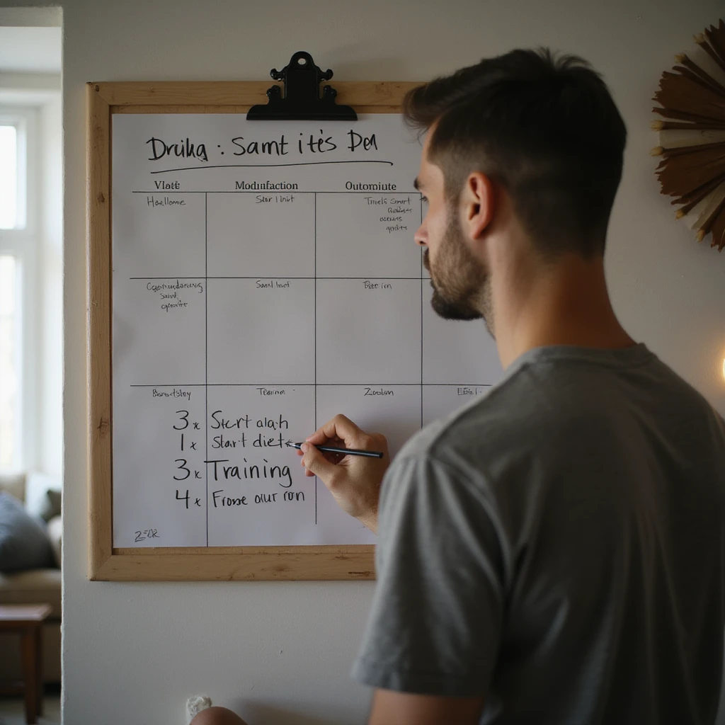 man marking 'start diet' and 'training' on a calendar but the scale next to him always shows the same number, home environment, hyperrealistic details, 4K emoji