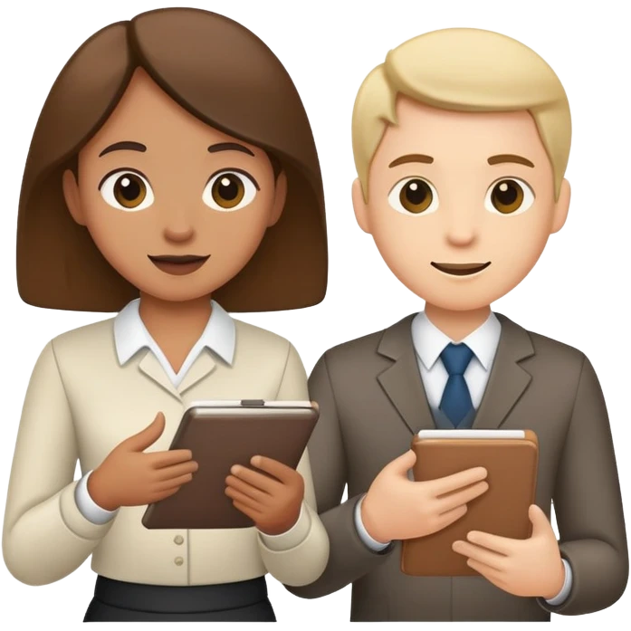 Two team members facing each other, one holding a notepad and the other gesturing, in a collaborative pose emoji