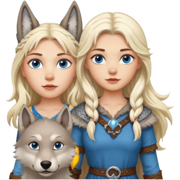 Viking platinum blonde girl with long hair and blue eyes. Wolf petViking platinum blonde girl with long hair and blue eyes. Wolf pet emoji