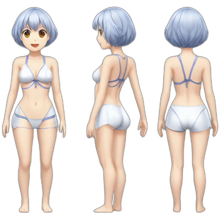 realistic full body rei ayanami nue short hair teen back and front views bikini emoji
