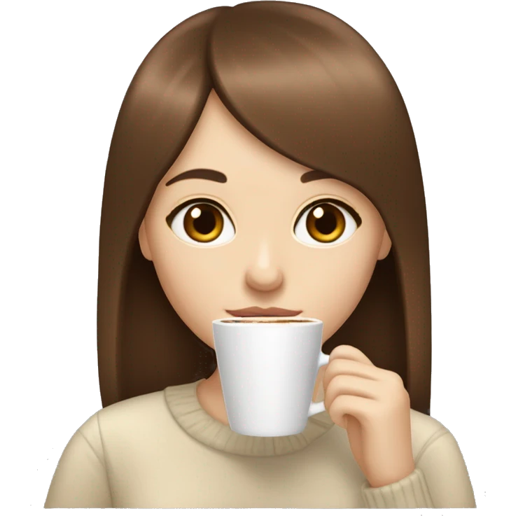 Chestnut brown straight haired with bangs girl with hazel eyes and pale skin sipping a latte  emoji