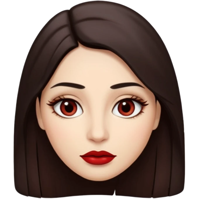 A woman emoji with fair skin, long straight dark brown hair parted in the middle, an oval-shaped face, arched dark eyebrows, almond-shaped brown eyes, a small nose, and full lips colored with deep red lipstick. emoji