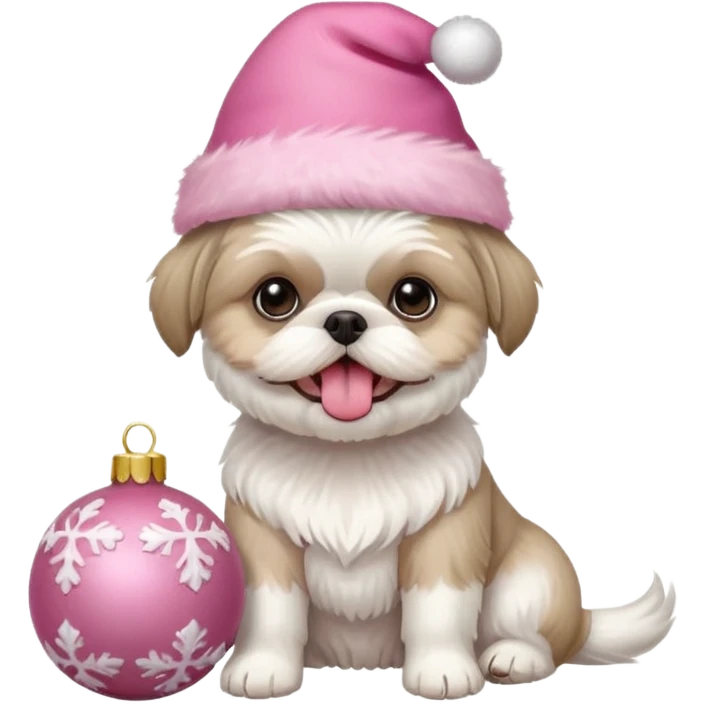 one white all over little shih tzu dog short hair with tongue hanging out sitting with light pink christmas hat sitting next to pink ornament emoji