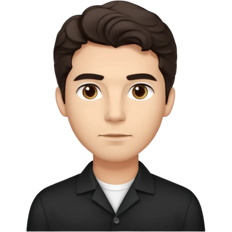 He’s a man with light to medium skin, a defined oval face, full brows, deep-set eyes, and wavy short dark brown tall hair styled with height, sides are trimmed. expression calm and focused relaxed black open-collar .polished, articulate, and coach vibe. emoji