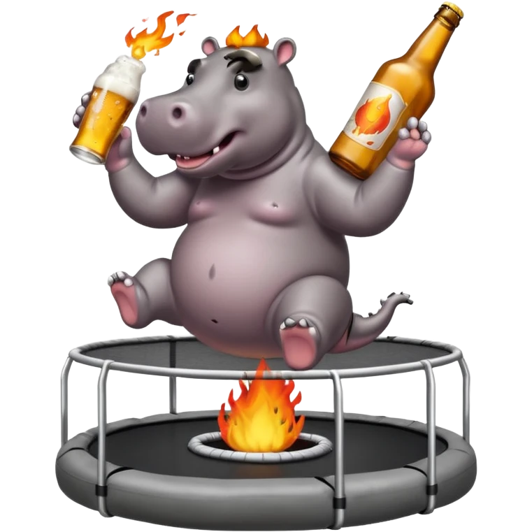 Hippo on trampoline while on fire and drinking beer emoji
