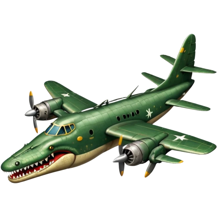 surreal hybrid with a crocodile's head mouth open sharp teeth merged with the metallic body of a WWII bomber plane including wings and propellers absurd satirical emoji style emoji