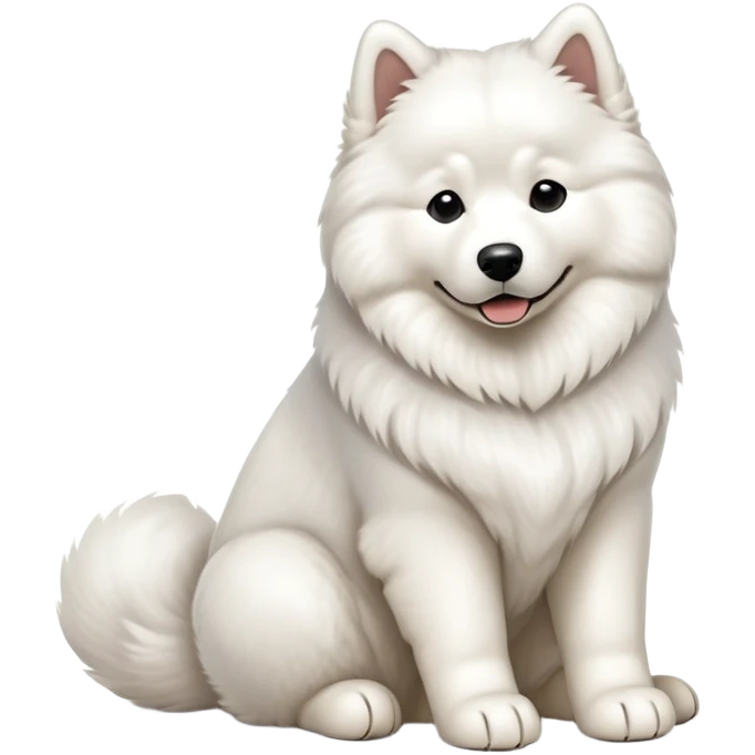cinematic-[samoyed]-realistic-full-body-sitting-emoji,-tail-resting-loosely-beside-its-paws,white eyes-head-tilted-dramatically, -fluffy-[white]-fur,-simplified-yet-realistic-focused-features,-highly-detailed,-glowing-with-an-almost-sarcastic-glow emoji