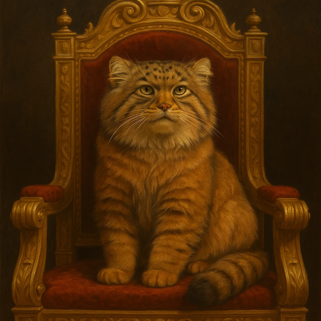 A brown-orange Pallas's cat (Manul) sitting on a royal throne, looking majestic emoji