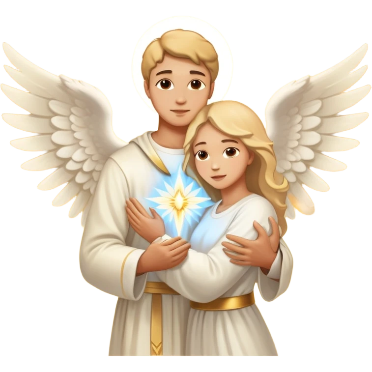 Angelic man holding a woman in his wings with sacred light emoji
