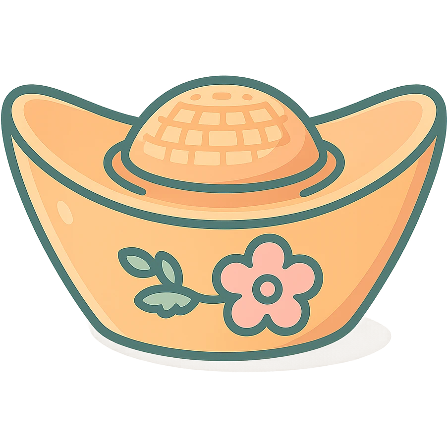 Create a Chinese gold ingot (yuanbao) with floral decoration, in icon-color-outlined style with shadows and highlights, thin clean contours, soft rounded shapes. Use a pastel palette: #98B5BC, #B5B3C1, #C9A3C9, #E4C0CA, #F7DCD1, #F7C0AA. Modern Japanese pop-art and sticker aesthetics, high detail, vector sharpness, soft lighting, transparent background. Shape as in the reference. emoji