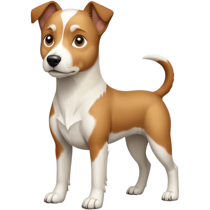 a full body large white parson russell looking dog the size of a kelpie with light brown flapped down ears and a light brown patch on one eye and a large snout emoji