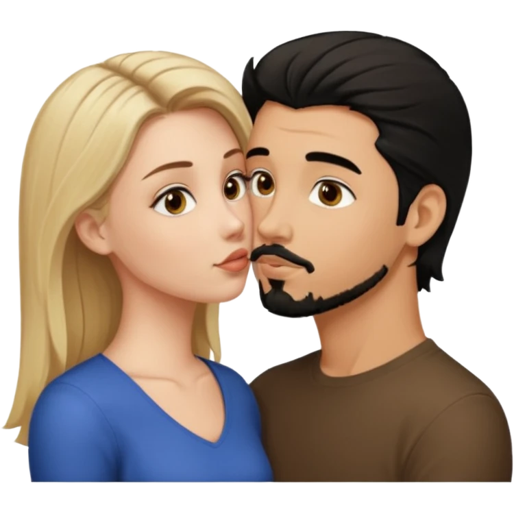White girl with hazel eyes and medium length blonde hair kissing man with black hair, goatee, and brown eyes emoji