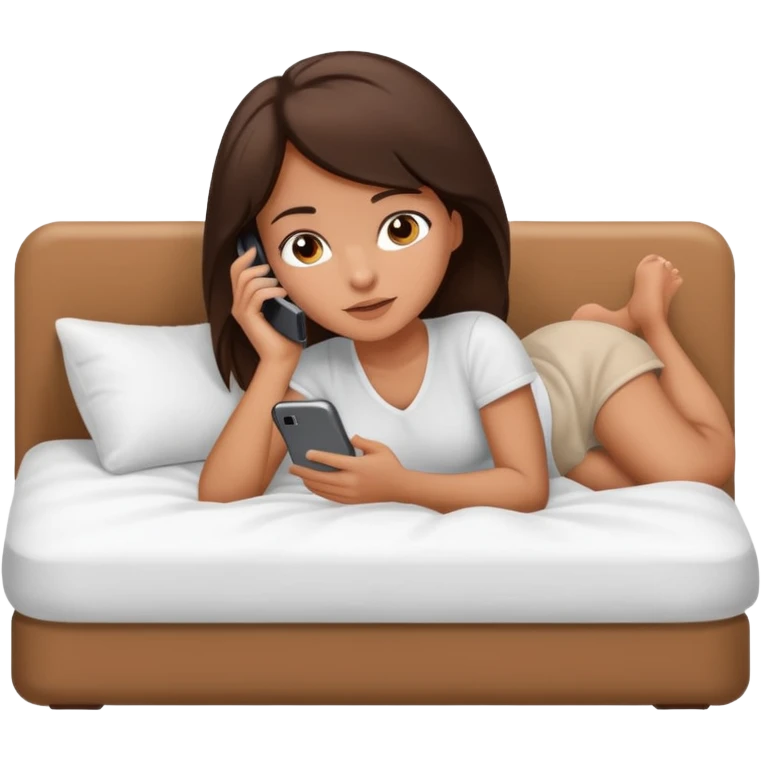 Brunette girl laying on white cozy bed on phone emoji