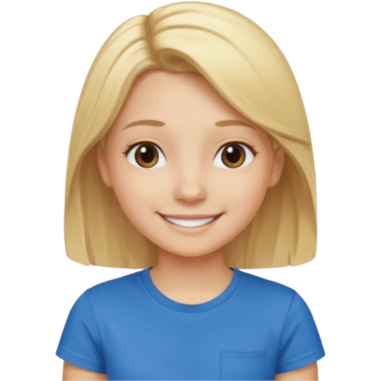 Young girl with blonde hair and a blue T-shirt, looking happy emoji