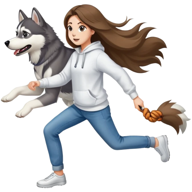 A beautiful girl with long hair wearing a white sweatshirt and jeans is chasing a husky emoji