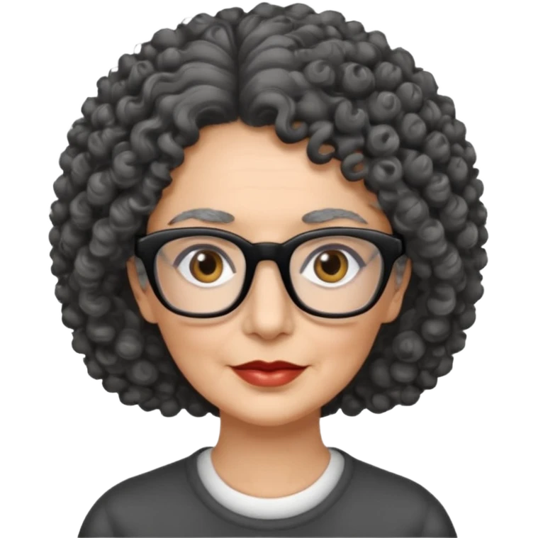 femme 60 ans cheveux gris foncé très bouclé et yeux marrons foncé, lunettes rectangle noir emoji