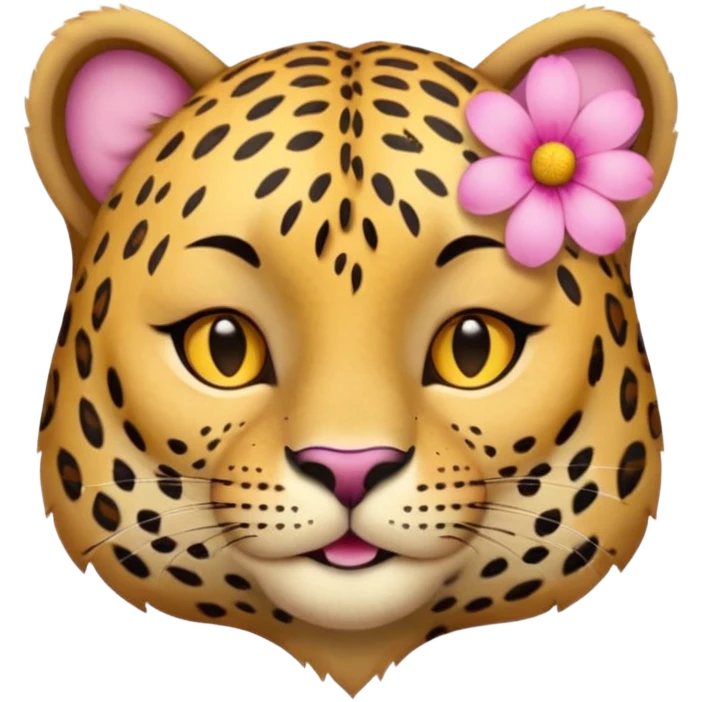 eyes closed, A leopard with peaceful smile, A pink flower with a yellow center is tucked behind its right ear
 emoji