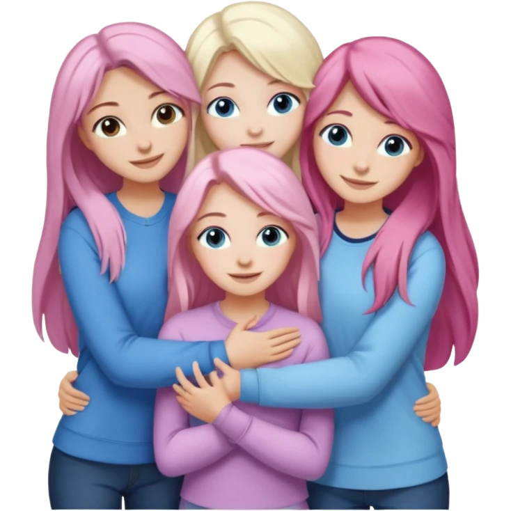 four white girlfriends hugging and smiling    2 girls with brown eyes and long dark brown hair. One with long light pink hair and blue eyes, one girl with blue eyes and light blonde hair emoji
