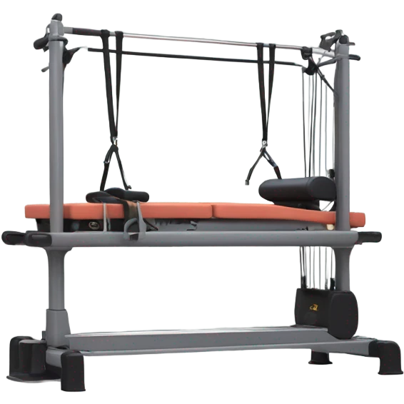 pilates reformer machine, with a grey bed and towers with straps that arent connected to the bed emoji