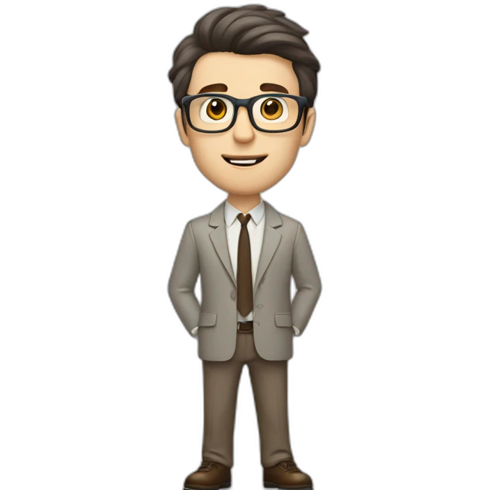 Full height Pale skinned Fit Man With dark brown hair in gray jacket, beige office shirt, tie, Brown pants and vintage glasses. Thrumbs of his palms directed up emoji